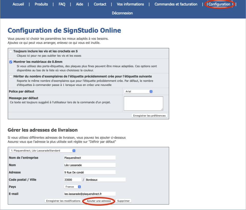 Capture d'écran pour ajouter une nouvelle adresse de livraison.